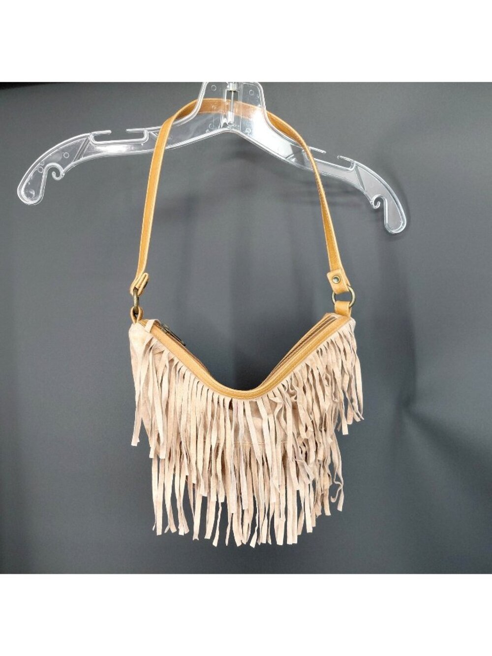 Hobo Bag Small Beige Suede Fringe Shoulder Zipper Boho Festival Western Y2K